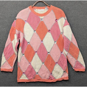 Vtg Express Tricot Sweater Womens Medium Diamond Rhinestones Tunic Long Coral
